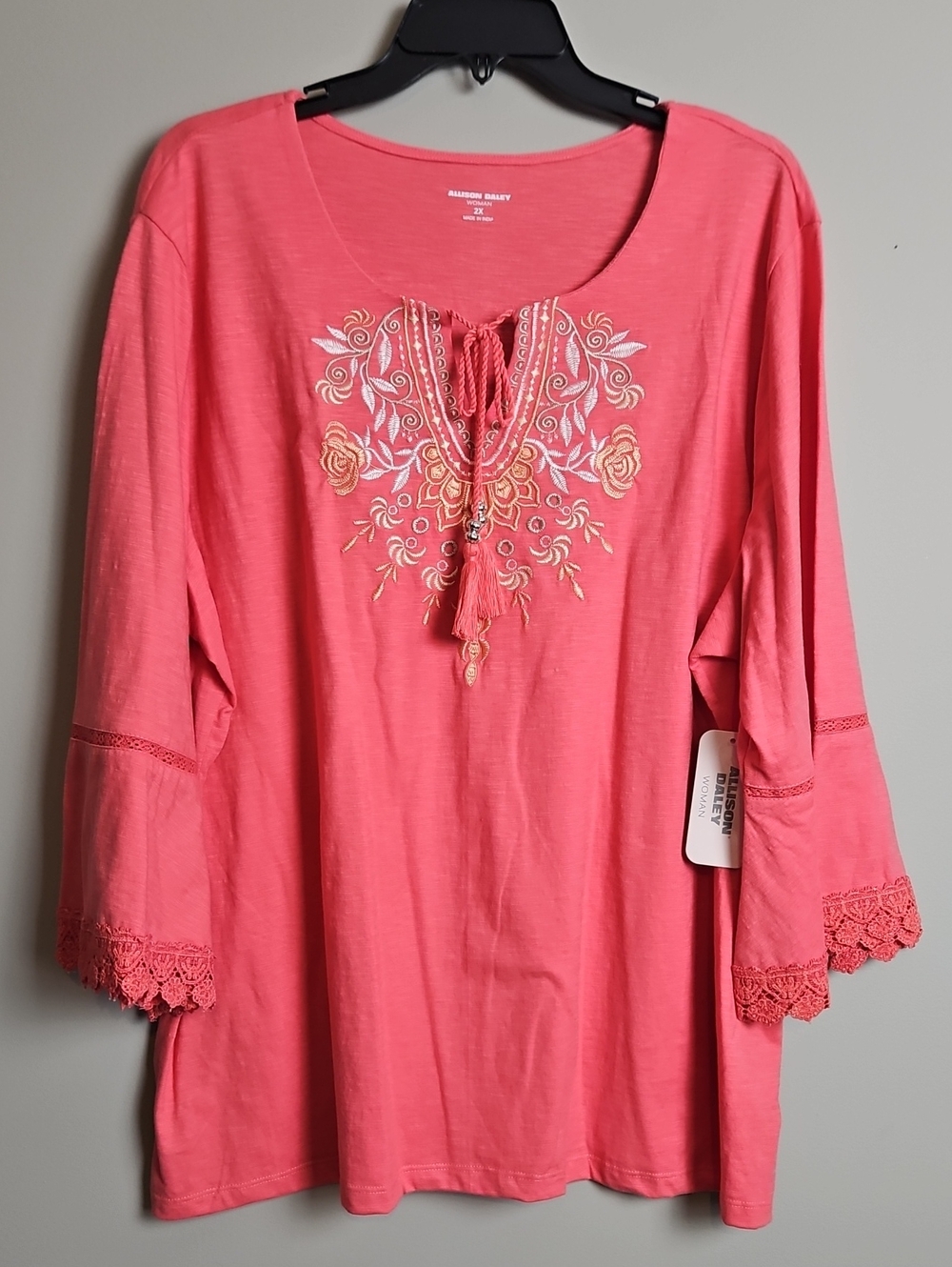 Allison Daley 3/4 Bell Sleeves W/Lace Detail Embroidered Front Top: Coral: 2X